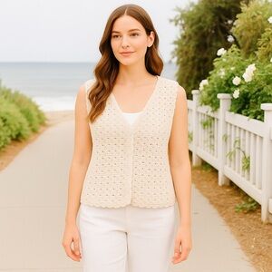 Robert Scott Ltd Women’s Cream Crochet Vest Linen Blend Boho Size L Natural